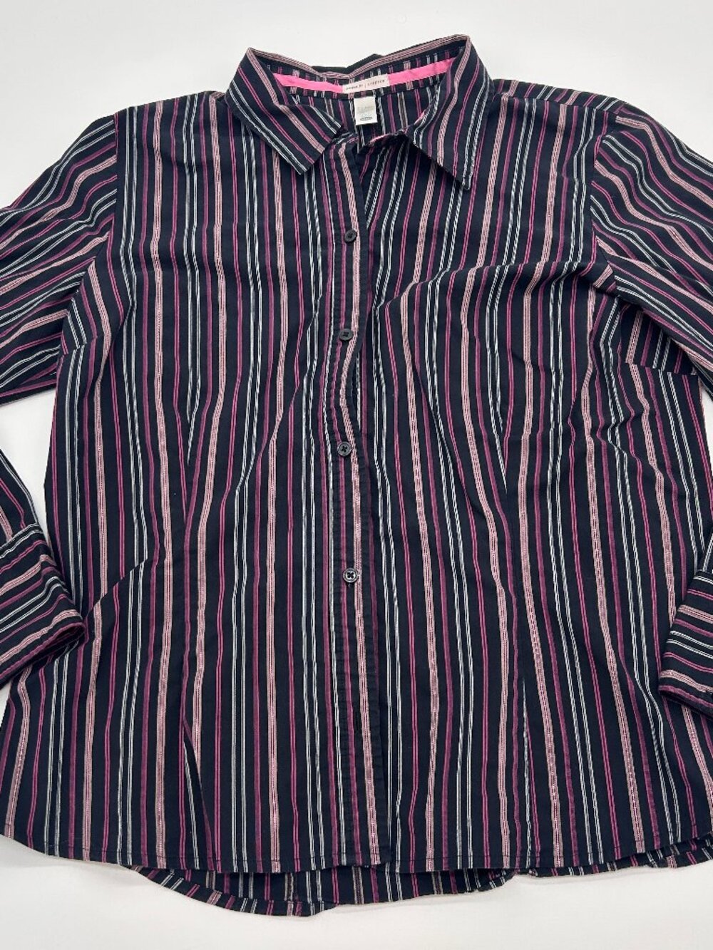 Vintage Old Navy Women’s Large Pink Black Stripe Button Up Shirt Top Stretch XXL